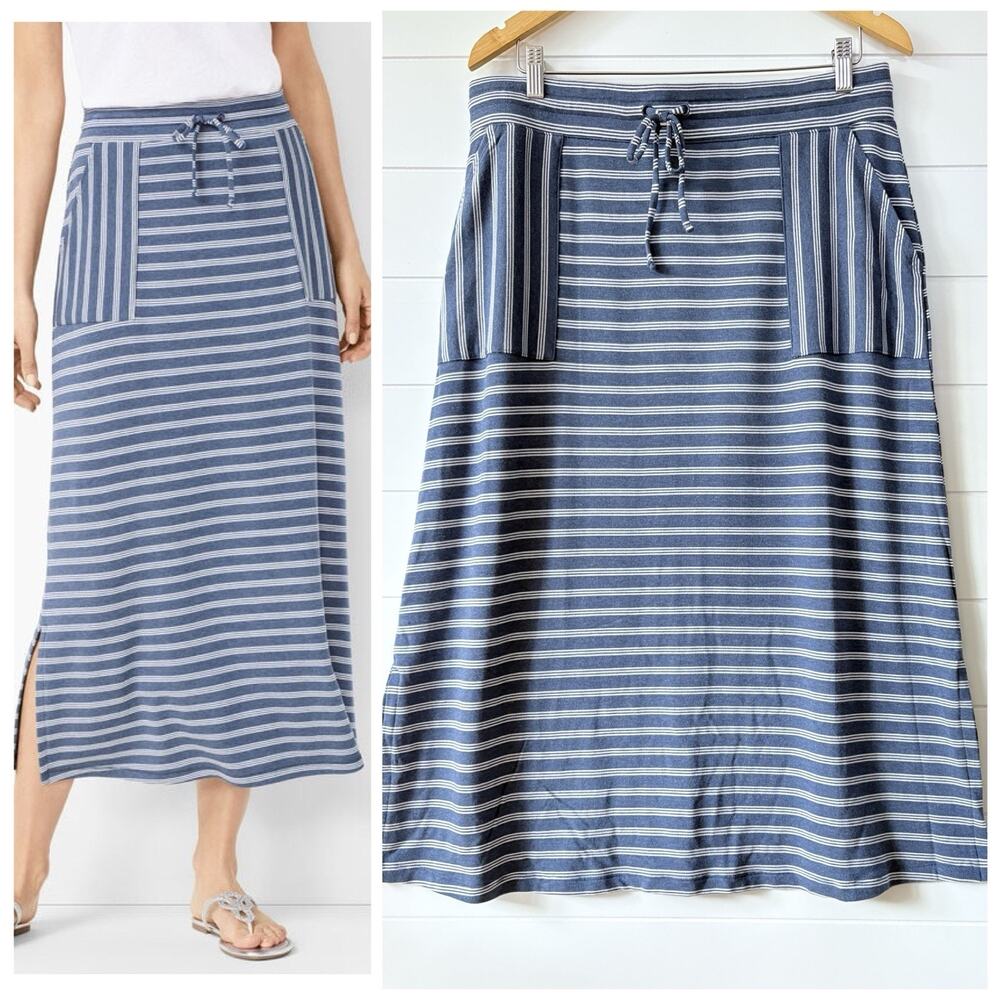 T by Talbots Striped Midi Skirt L Modal French Terry Blue White Elastic Coastal